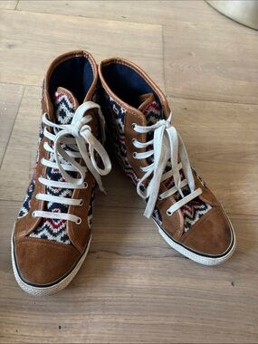 Tory Burch Brown Suede High-Top Sneakers with Multicolor Knit 9.5